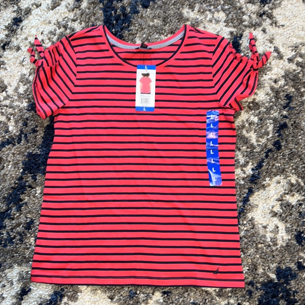 NWT - Nautica Striped, Short Sleeved, Tie sleeved Tee - Large